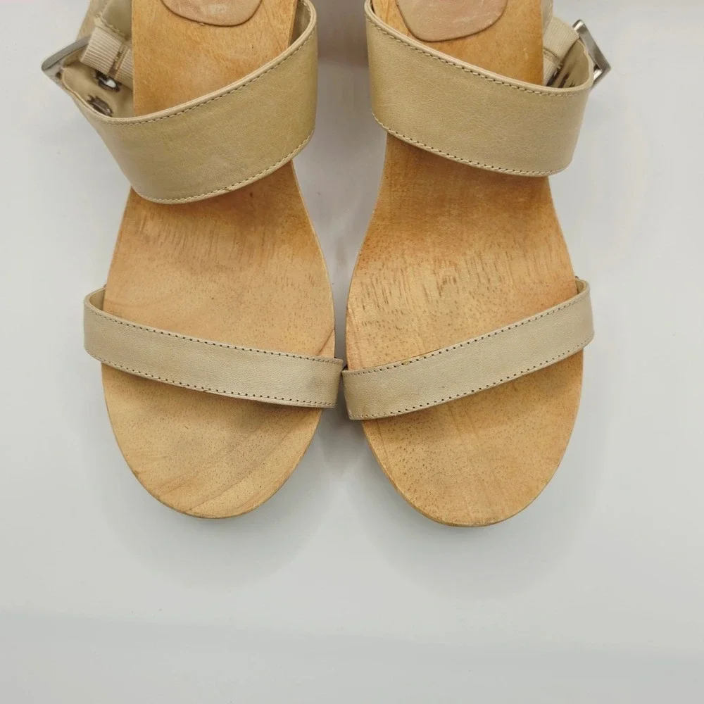 Steve Madden Staci Platform Sandals Womens 10B Beige Wood Leather Buckle Slides